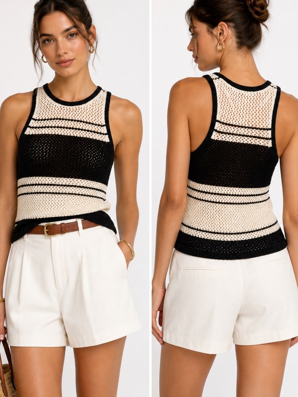 Frame Crochet Open Knit Top Sleeveless Black Off White Excellent Size S